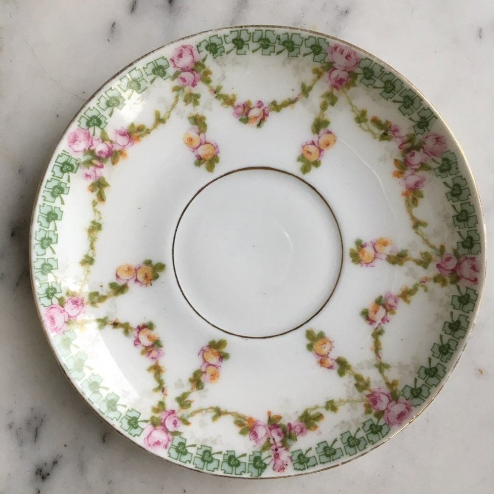 Antique Dish MZ Austria Saucer Pink Green Floral Habsburg China Moritz Zdekauer